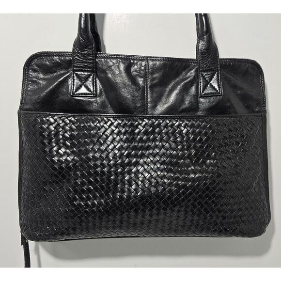 Latico Black Leather Business Tote Briefcase Laptop Case Organizer Woven Pocket - Picture 2 of 16